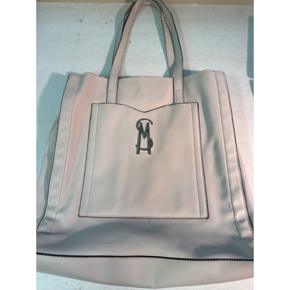 Steve Madden Cream Pebbled Faux Leather Tote Bag Silver SM Logo Front Pocket